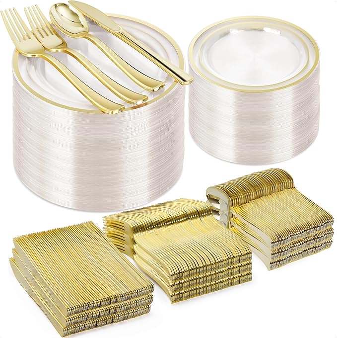 600PCS Clear Gold Plastic Plate Set, Plastic Plates by Bestvip