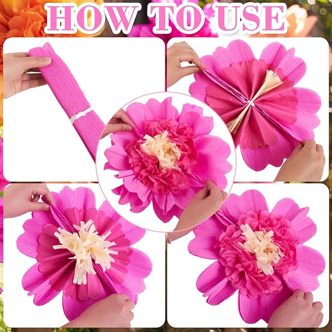 SUNBEAUTY 6 PCS Hot Pink and Orange Paper Flowers Decorations Crepe Paper - Image 3