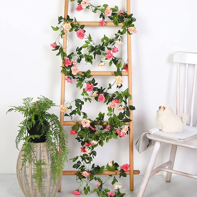 JUSTOYOU Artificial Rose Garland Vines Pink Flowers Hanging Silk Rose Vine - Image 5