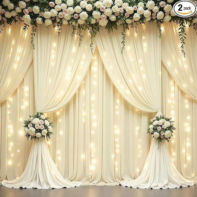 Beige Backdrop Curtains with Lights String by Partisky