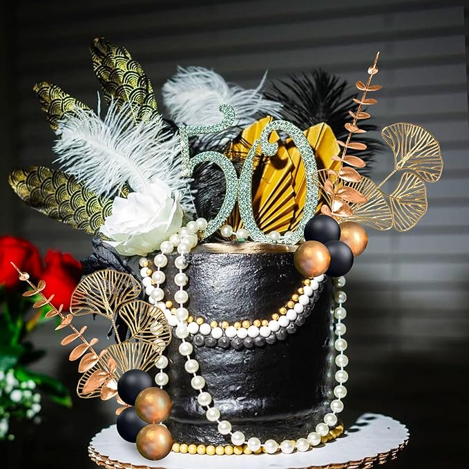Boho Cake Topper Black Gold Balls Cake Topper Gold Leaves Cake Decoration Prom - Image 7