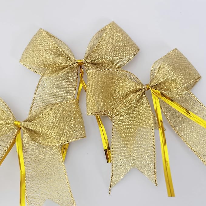 50pcs 3-1/2" Metallic Gold Bows Twist Tie Bows - Image 4