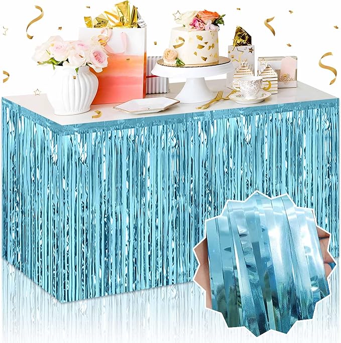3 Pack 29 x108 Inch Light Blue Foil Fringe Table Skirts Metallic Banner by LANTIANCHEN