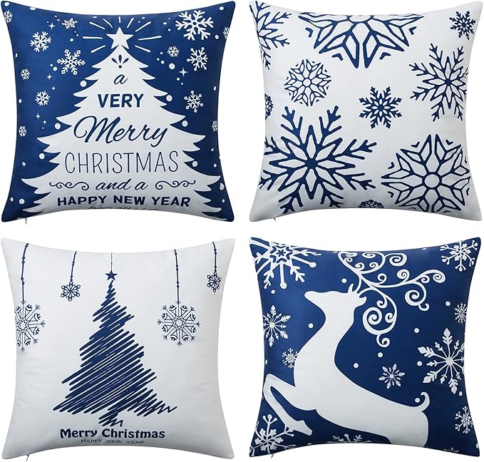Christmas Pillow Covers 20X20 Set of 4 Navy Blue white Christmas Decorations by NANAN