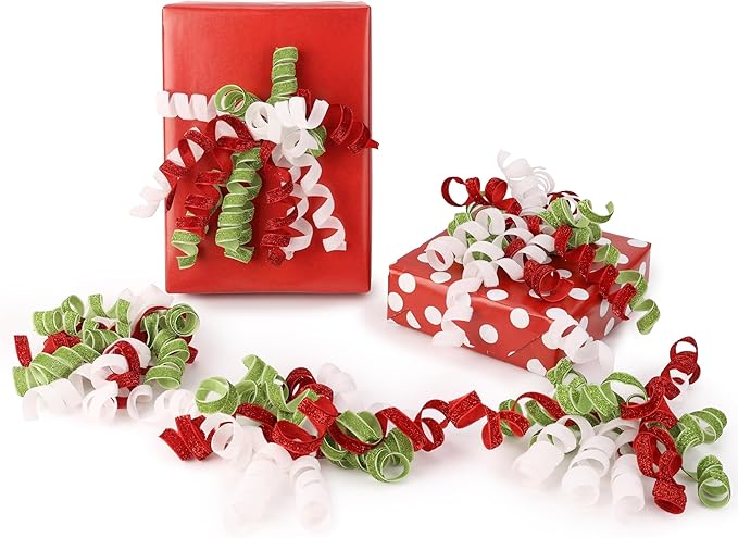 6" Metallic Glitter Red and Lime Green Self Adhesive Curly Ribbon Gift Wrap Bows by LIZLOVESS