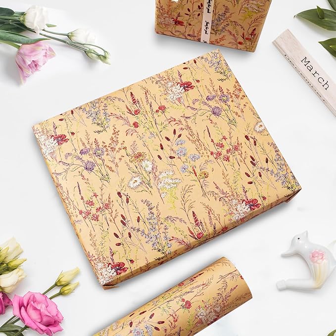 Tyzarglef Wild Flower Wrapping Paper Roll, 17 Inches x 32.8 Feet Kraft Floral - Image 6