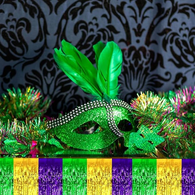 4 Pack 29x108 Inch Mardi Gras Metallic Foil Fringe Tinsel Table Skirts - Image 5