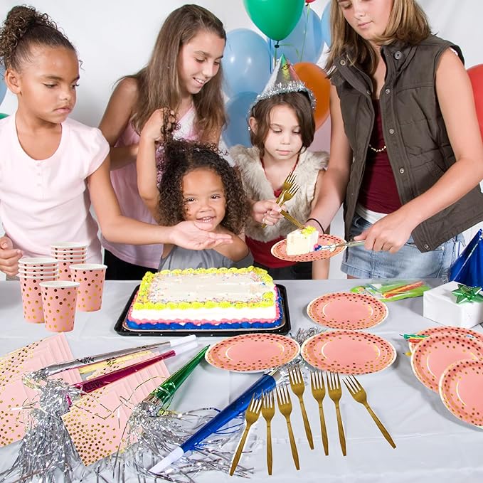 Sveikie160 Pcs Pink And Gold Paper Plates, Birthday Cake Party Plates And - Image 5