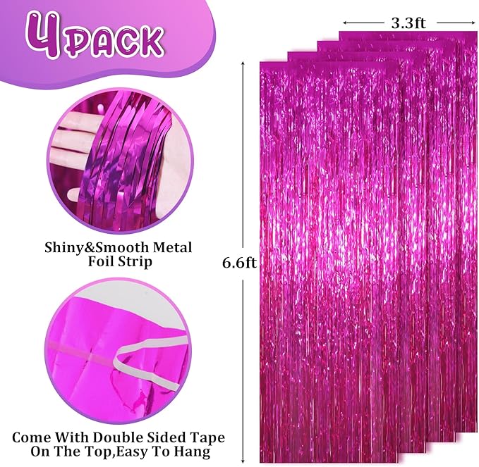 4 Pack Pink Foil Fringe Backdrop Curtains, Tinsel Streamers Birthday Party - Image 3