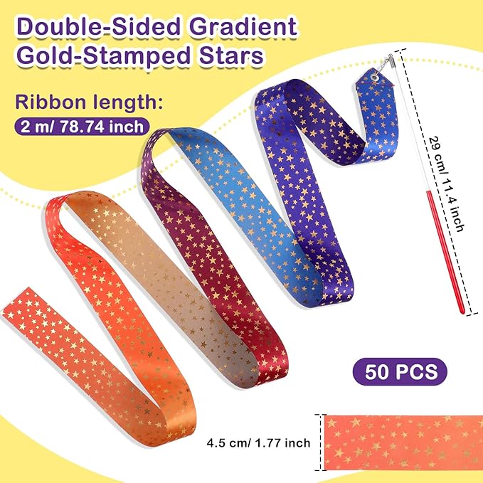 Yilloog 50 Pcs Ribbon Dancing Wands Party Favors, 78.7 Inch Artistic Gymnastics - Image 3