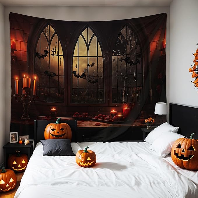 QGHOT Halloween Tapestry Wall Hanging Horror Castle Window Tapestry Gothic - Image 2