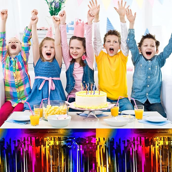 3 Pack 29 x108 Inch Rainbow Foil Fringe Table Skirts Metallic Banner - Image 4