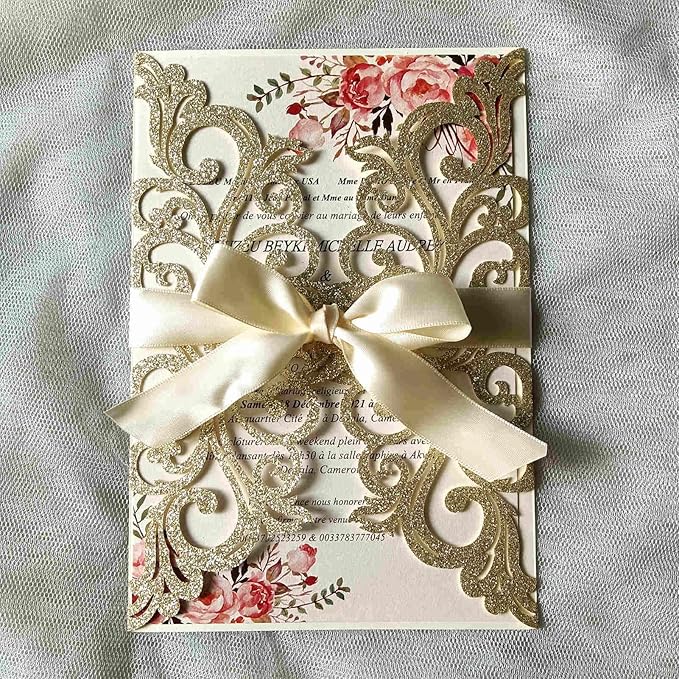 25PCS Champagne Gold Glitter Laser Cut Wedding Invitations Cards - Image 6