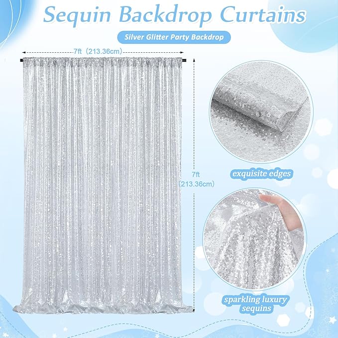 Silver Sequin Backdrop 7ft x 7ft Glitter Photo Booth Backdrop Curtains - Image 2