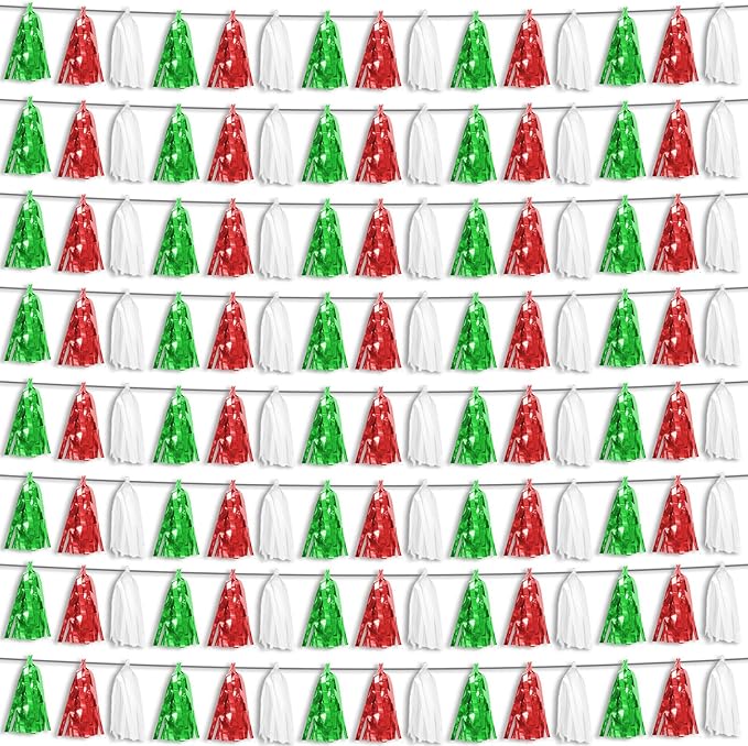 8P Red Green White Foil Fringe Metallic Tassel Streamers Banner Tassel Garland by HYSILLA