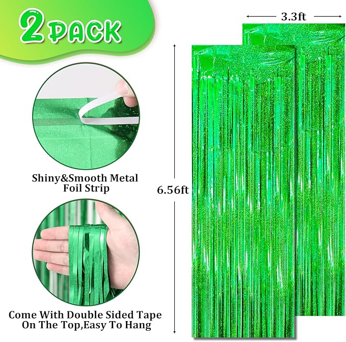 2 Pack Laser Green Tinsel Foil Fringe Curtains, Metallic Tinsel Party Streamers - Image 4