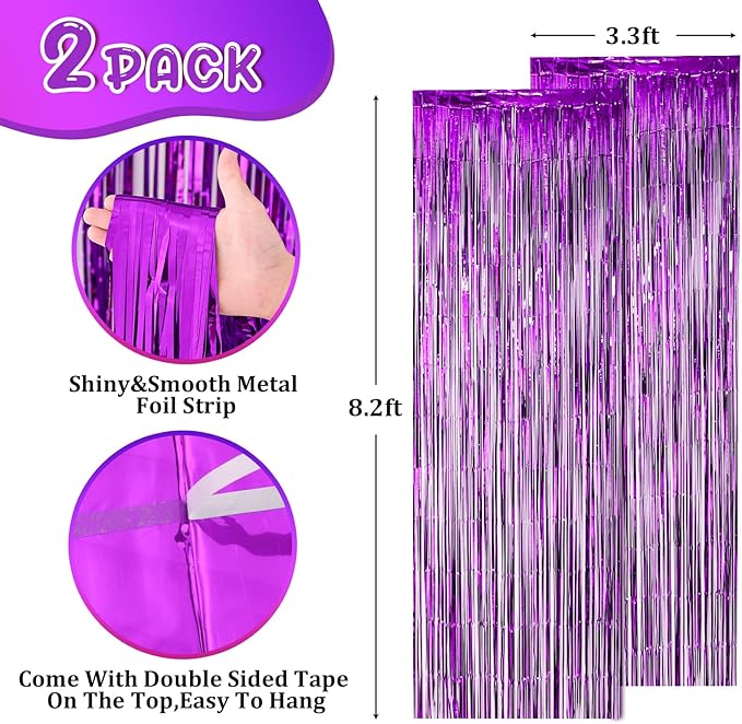 2 Pack Purple Foil Fringe Backdrop Curtains, Tinsel Streamers Birthday Party - Image 3