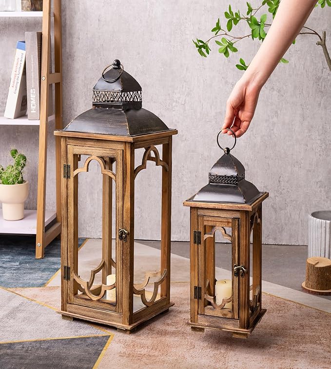 Large Farmhouse Decorative Wooden Lantern Set of 2, Rustic Brown Floor Lanterns - Image 7