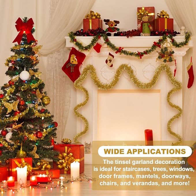 50 Feet Champagne Gold Christmas Tinsel Garland, Metallic Foil Twist Banner - Image 3