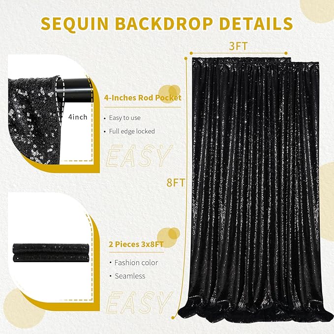 Sequin Backdrop 6x8FT Black Halloween Background Sequin Fabric Glitter Backdrop - Image 3