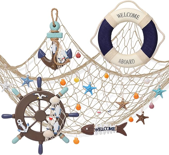 Marsui 11 Pcs Wooden Nautical Wall Decor Fishing Net Decoration, Include by Marsui