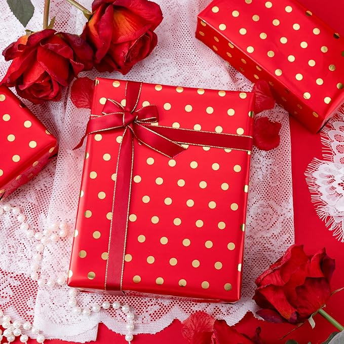 Flyhill Gold Foil Polka Dot Wrapping Paper Roll, Mini Roll Red Reversibl Gift - Image 2