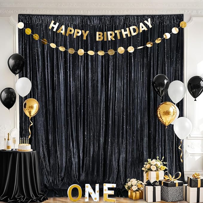 Black Backdrop Curtain 4.8x8FT Halloween Backdrop Sparkly Sequin Party - Image 2