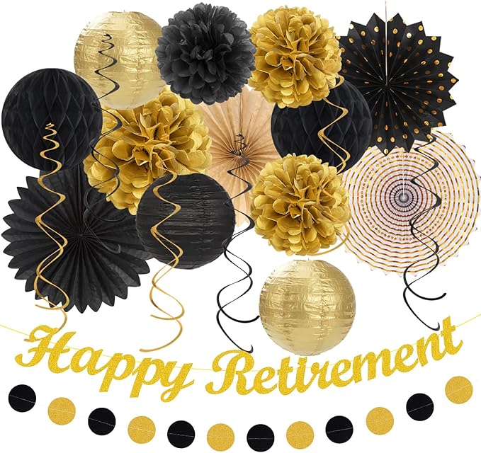 Black Gold Women-Men Happy-Retirement Party-Decorations by Huglony