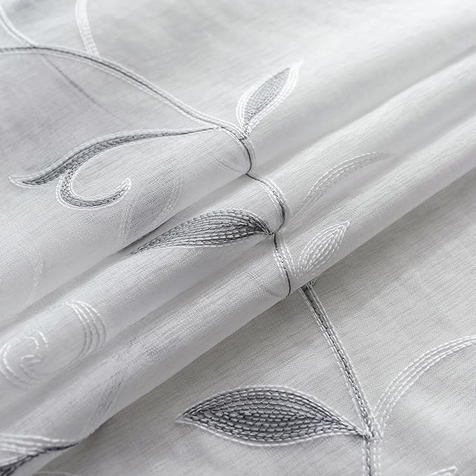 VISIONTEX White Sheer Voile Curtains, Decorative Leaves Embroidery Faux Linen - Image 5
