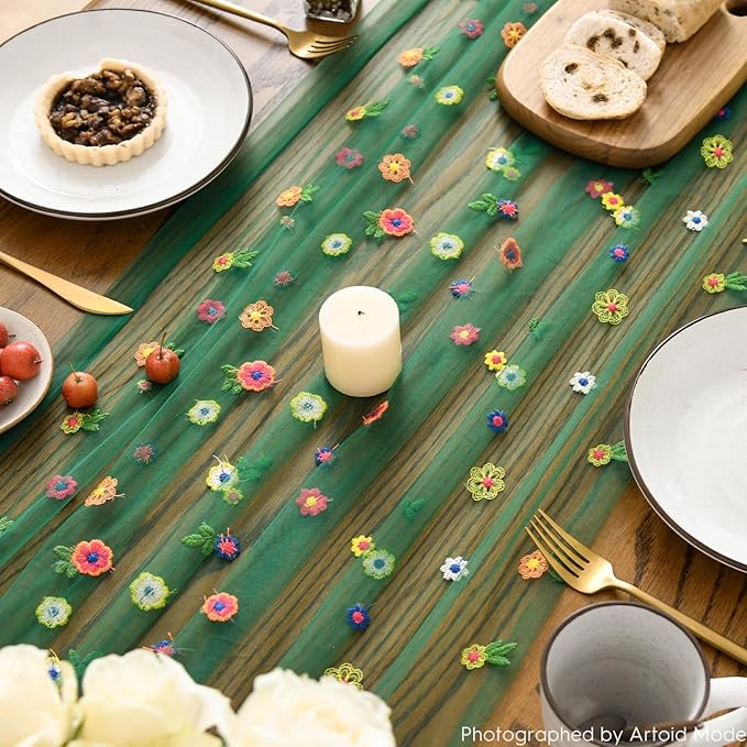 Artoid Mode 3PCS Dark Green Embroidery Daisy Gauze Table Runner 120 Inch 10FT - Image 3