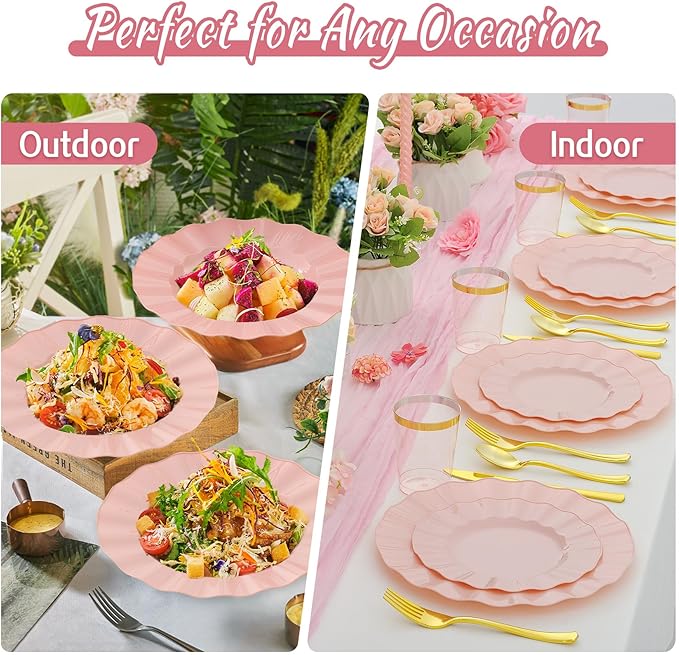 60Pcs Premium Pink Plastic Plates, Fancy Nice Disposable Plate, Elegant Wedding - Image 5