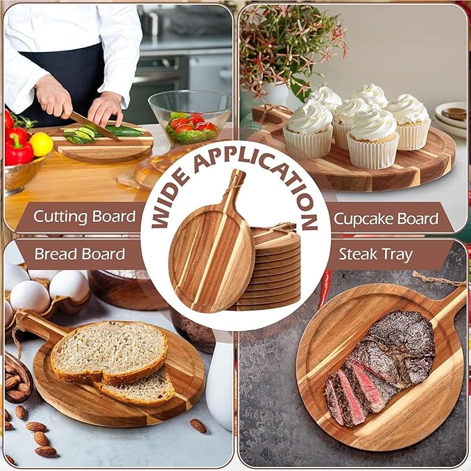 Pizza Boards with Handle 14 inch, Pizza Cutting Board Set of 6, Acacia Wood - Image 2