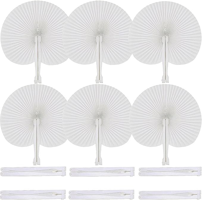 12 Pcs White Round Paper Folding Fans, Decorative Wedding Foldable Hand by Bestage