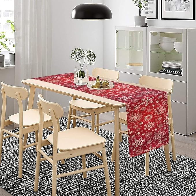 Snowflakes Christmas Table Runner, Winter Holiday Red Table Cloth Kitchen - Image 3