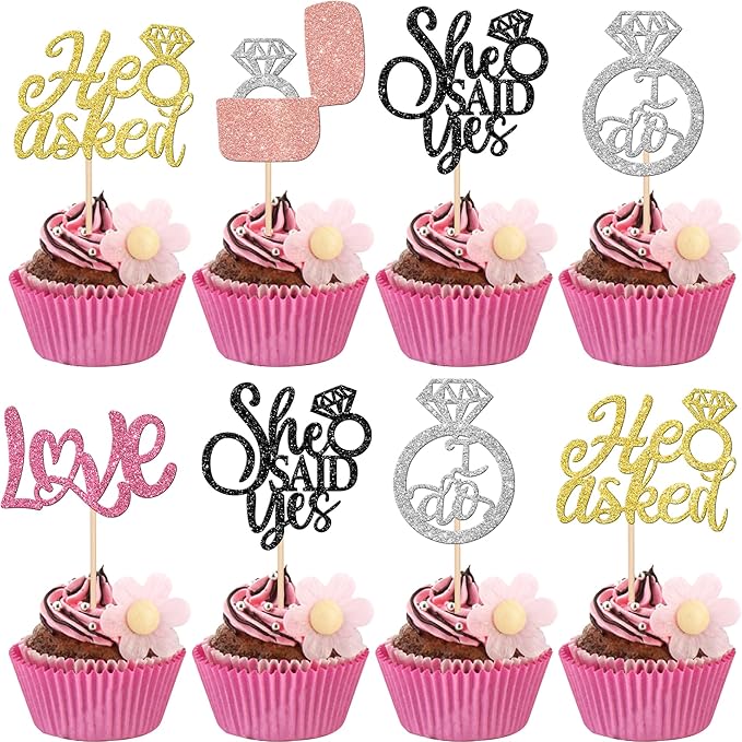 30 PCS He Asked She Said Yes Cupcake Toppers Diamond Ring Cupcake Picks Love I by ZHUOWEISM