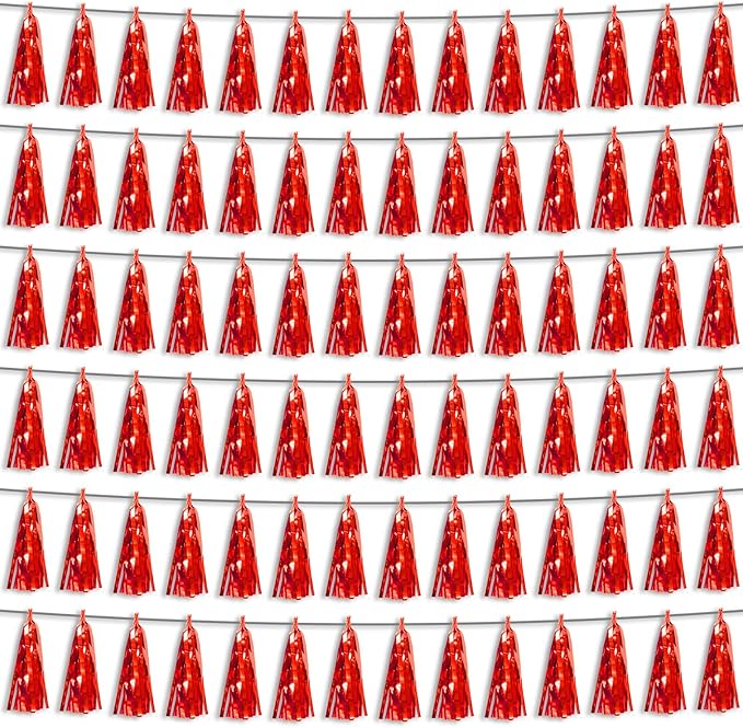 6P Red Foil Fringe Metallic Tassel Streamers Banner Tassel Garland by HYSILLA
