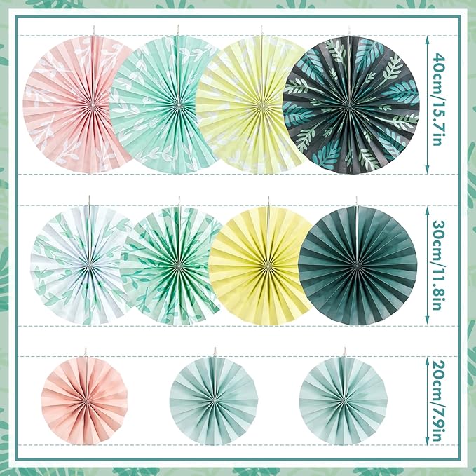 SUNBEAUTY 11 Pcs Sage Green Paper Fans Decoration Ceiling Decor Leaves Paper - Image 2