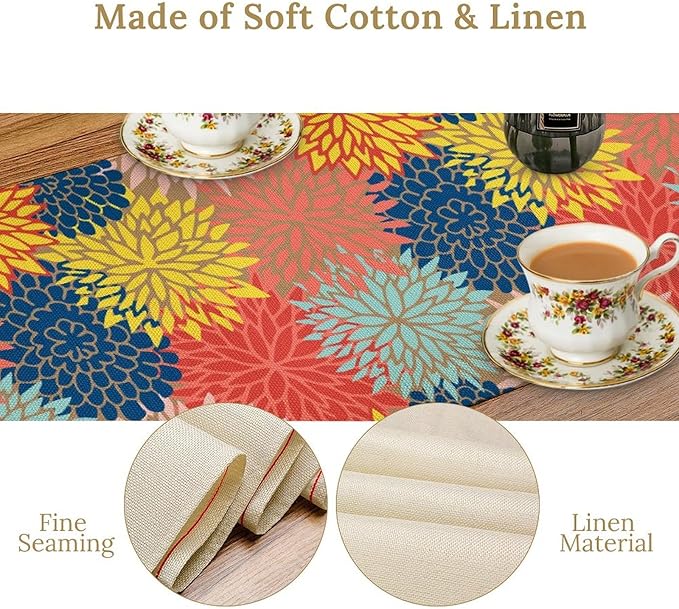 Dahlia Flowers Table Runner Colorful Floral Teal Grey Pink Yellow Blue Abstract - Image 7