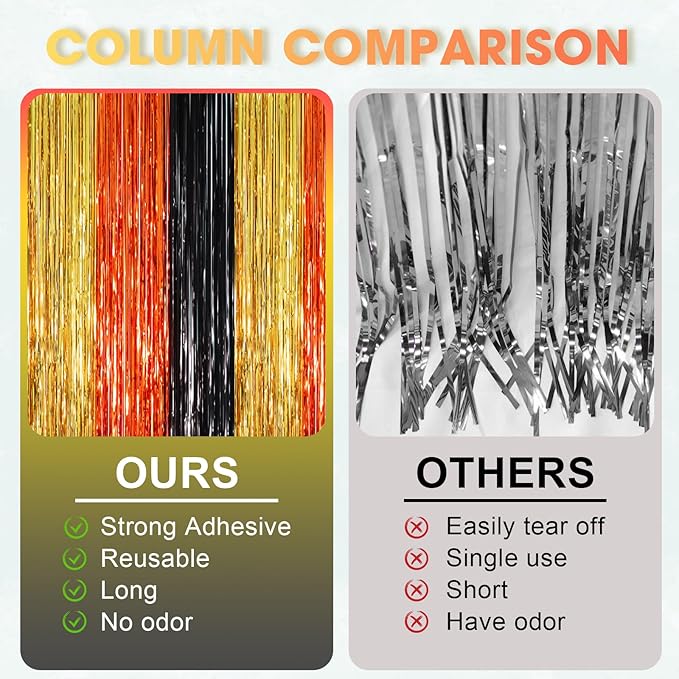 2 Pack Black Gold Orange Foil Fringe Backdrop Curtains, Tinsel Streamers Party - Image 3