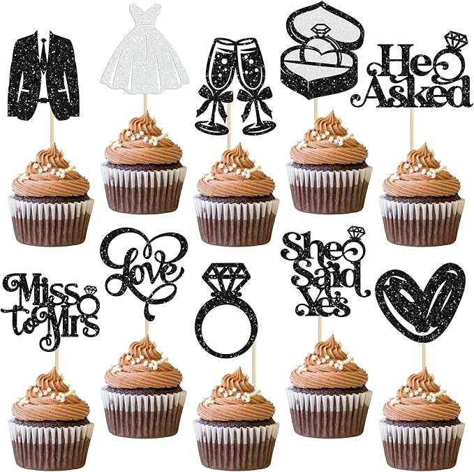 Gyufise 30Pcs She Said Yes Cupcake Toppers Glitter Diamond Ring I Do Love by Gyufise