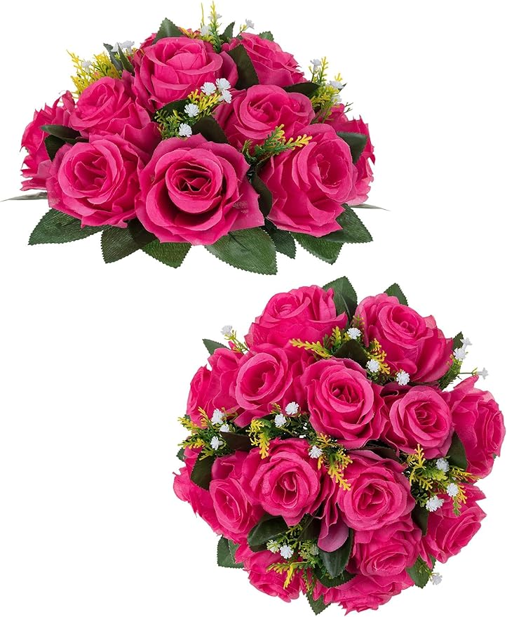 BLOSMON Hot Pink Flowers Artificial: 2 Pcs Fake Rose Balls Centerpiece by Blosmon