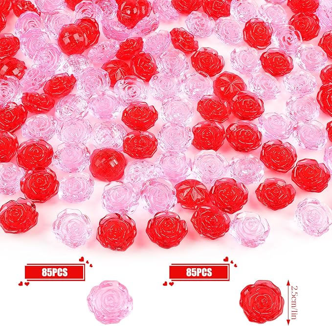 Fangoo 210PCS Red Pink Acrylic Rose Ornaments Mini Acrylic Rose Gems - Image 2