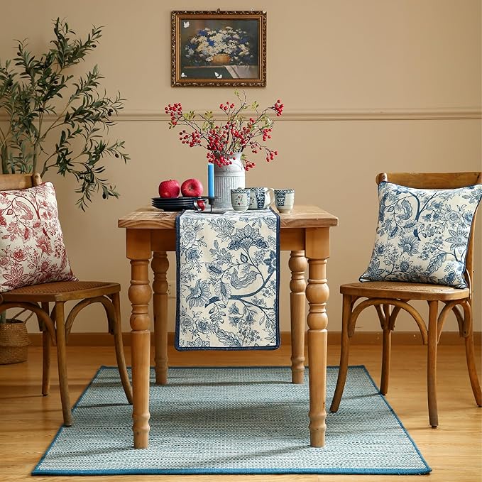ISAENNE Designer Chinoiserie Elegant Linen Table Runner 102 Inches Long - Image 3