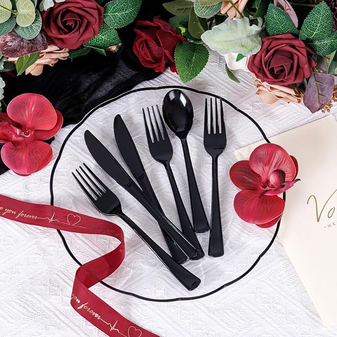 Supernal 300 Pieces Black Plastic Silverware Disposable Cutlery Black - Image 2