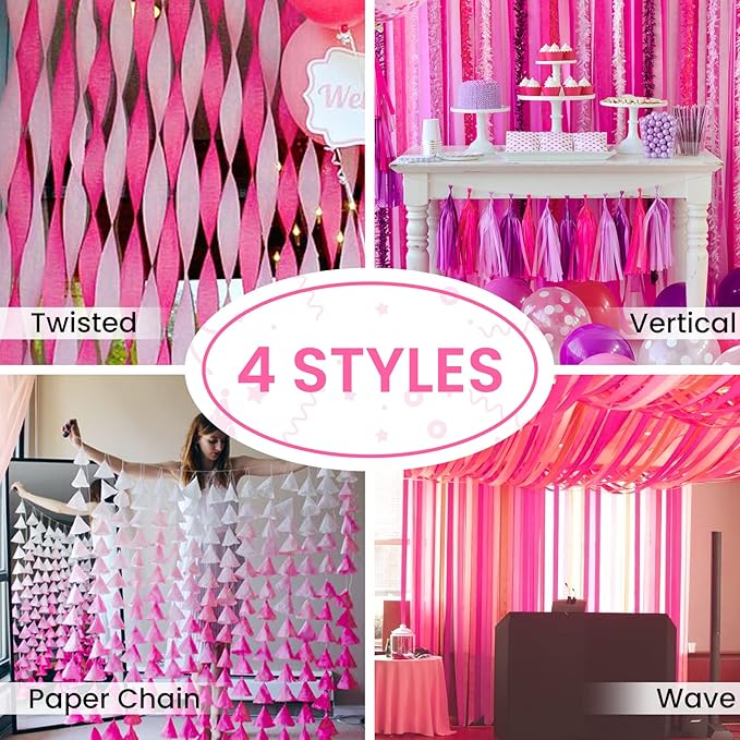 PartyWoo Pink Crepe Paper Streamers 4pcs 328ft Pack of Dark Hot Pink Magenta - Image 6
