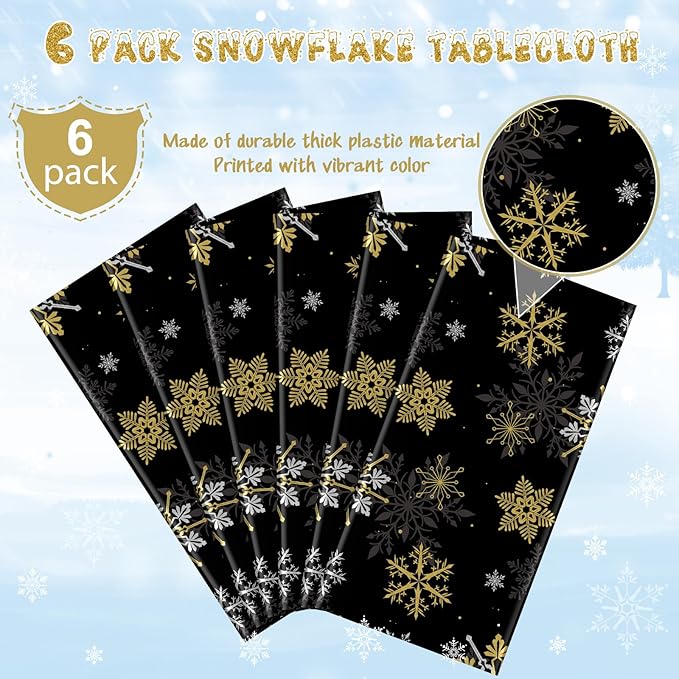 6Pcs Christmas Snowflake Party Tablecloths Decorations, Plastic Black and Gold - Image 4