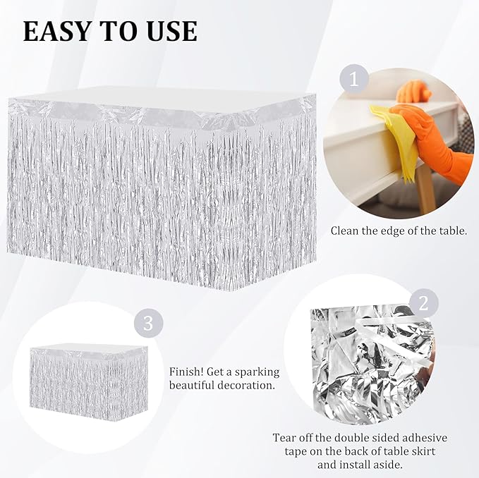 4 Pack 29.5x108 Inch Metallic Foil Fringe Tinsel Table Skirts, Streamer Garland - Image 3