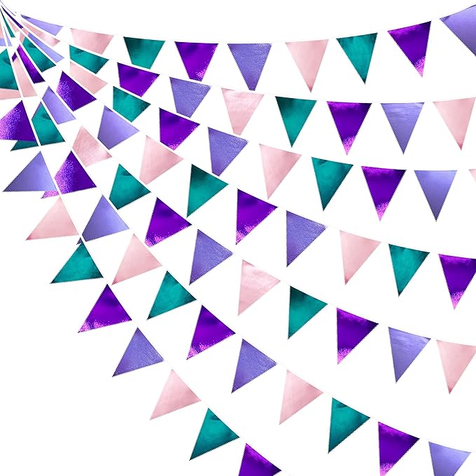 Mermaid Party Decorations Purple Pink and Teal Aqua Metallic Fabric Triangle by pinkblume