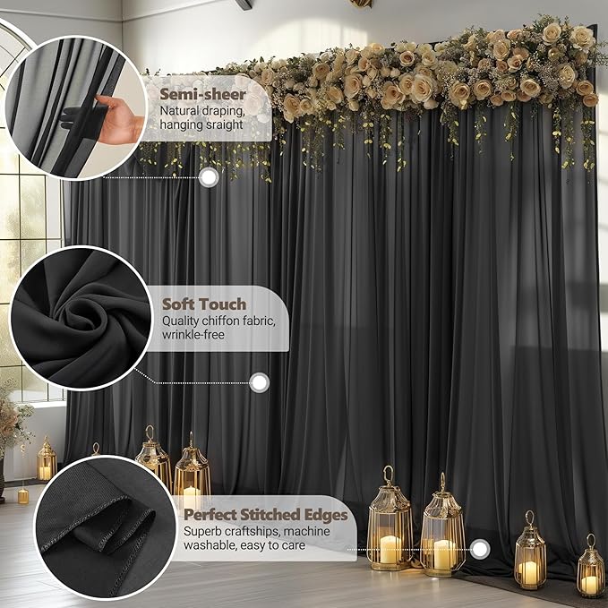 10ft x 10ft Black Backdrop Curtains, Wrinkle-Free Sheer Chiffon Fabric Photo - Image 5