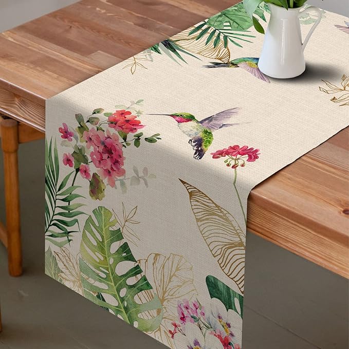 Seliem Summer Tropical Hummingbird Palm Leaf Greenery Table Runner, Spring - Image 4
